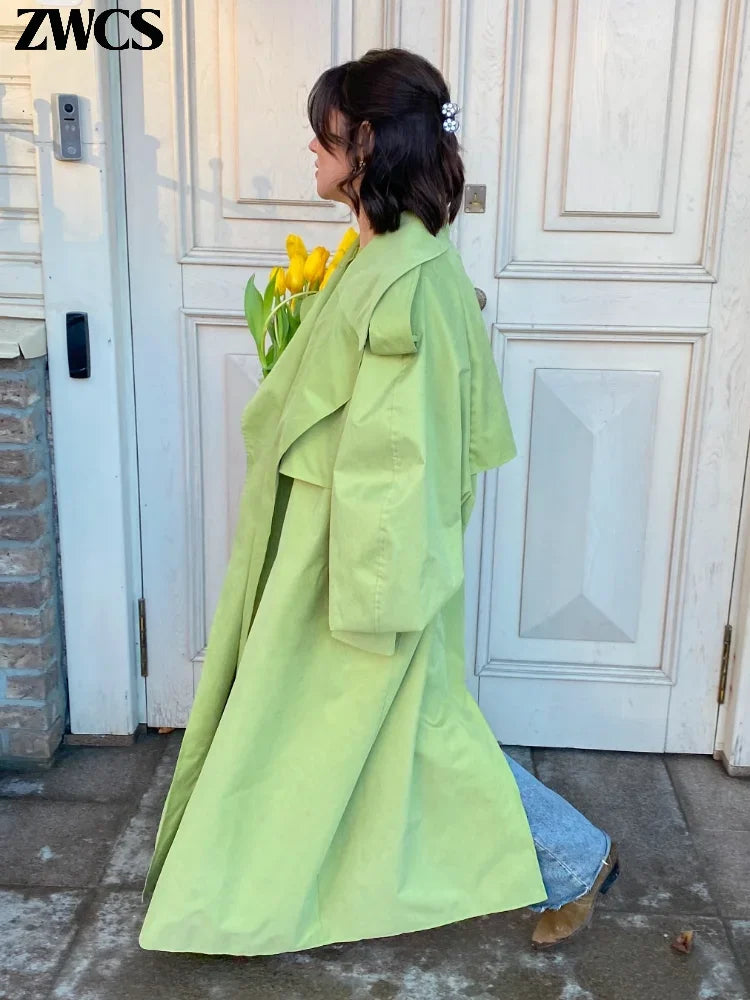Green Belted Lapel Trench Coat Women's Loose Lace-up Button Full Sleeve Windbreakers 2026 New Autumn Ladies High Street Outwear