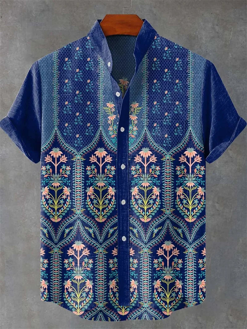 Men's Vintage Art Shirt Vintage Abstract 3D Geometric Print Short Sleeve Linen Casual Shirt Holiday Clothing