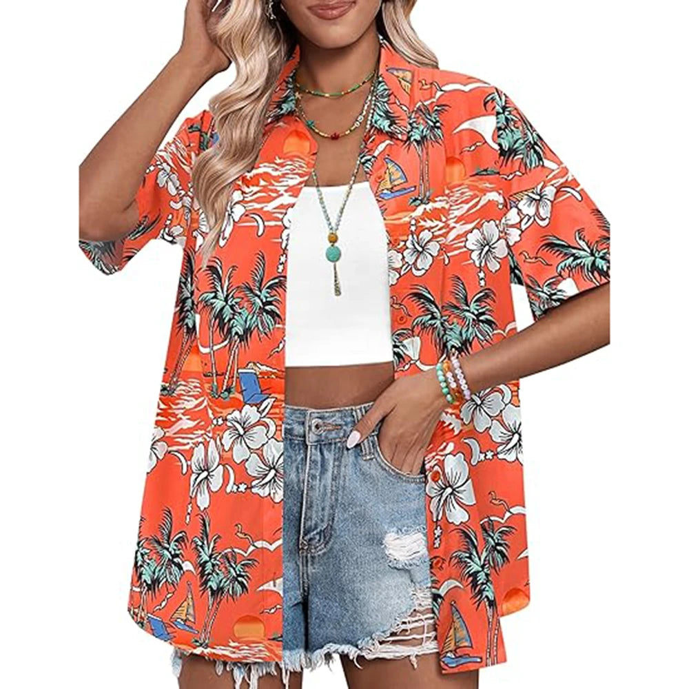 New Women's Short Sleeve T-shirt Fashion 3D Floral Print Hawaiian Style Casual Basic T-shirt Summer Lapel Short Sleeve Shirt