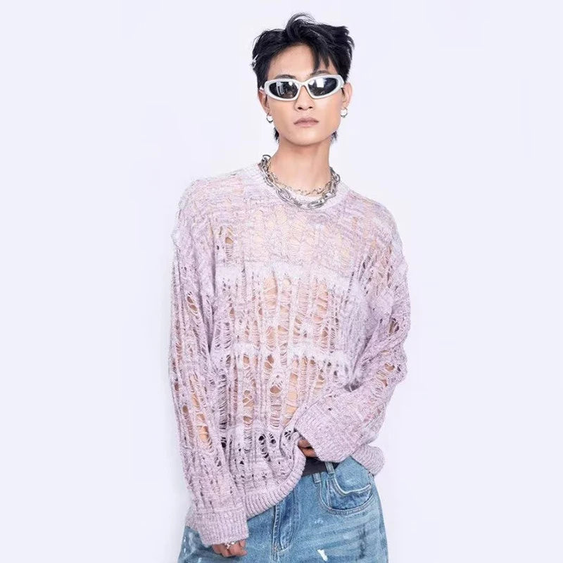 Vintage Ripped Hollow Out Mesh Knit Sweater Men Autumn Streetwear Fashion Crew Neck Long Sleeve Knitted T Shirt Men’s Clothing