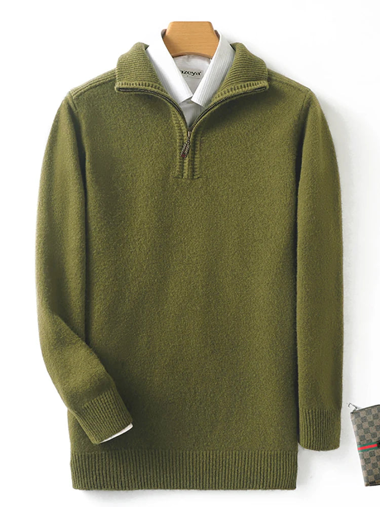 Autumn/Winter New Men's 100% Pure Wool Sweater Business Casual Half Zip Lapel Pullover Thickened Warm Knitted Long Sleeve Jumper