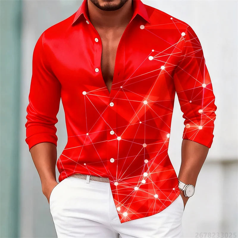 Men's trendy geometric line print long-sleeved shirt. Fashionable slim black technology-style shirt. Popular men's shirt.