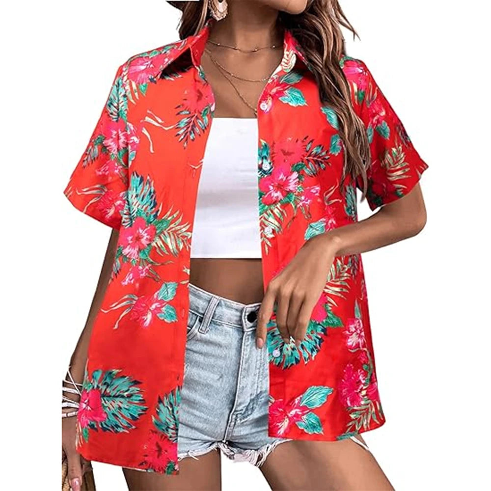 New Women's Short Sleeve T-shirt Fashion 3D Floral Print Hawaiian Style Casual Basic T-shirt Summer Lapel Short Sleeve Shirt