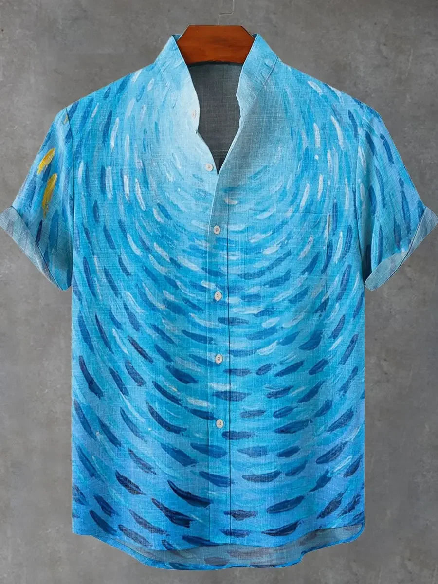 New Men's Casual Short-Sleeved Lapel Shirt with 3D Sunset Print Fashionable Pattern Comfortable Shirt Top