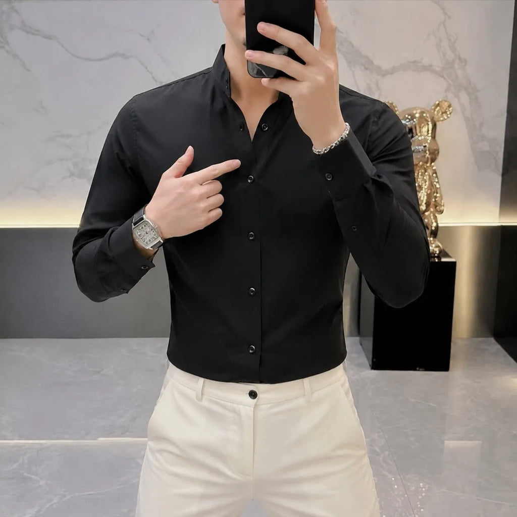 Black/White Men's Social Shirts Plus Size 5XL-M Plain Color Long Sleeve Men Dress Shirt Slim Fit Business Formal Wear OfficeWear