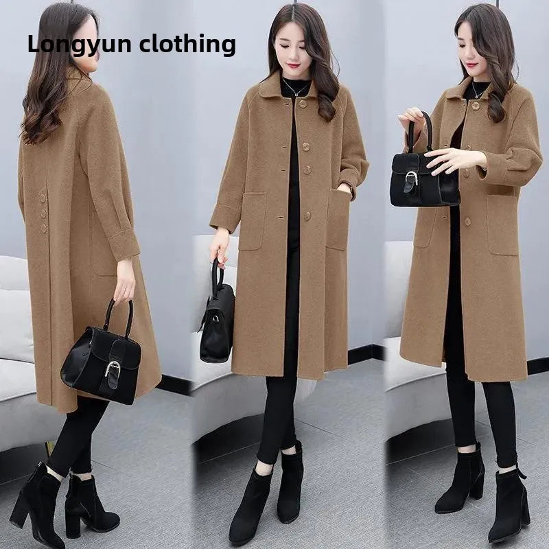 Fashionable Oversized Woolen Coat Women's Simple Style Korean Version Autumn Winter New Arrival Straight Cut Mid-Length Polo...