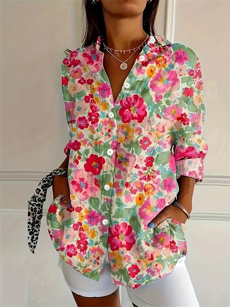 New Summer Fashion Women's Lapel Shirt Big Size Button Long Sleeve Daily Weekend V Neck Tops Floral Printed Loose Casual Shirt
