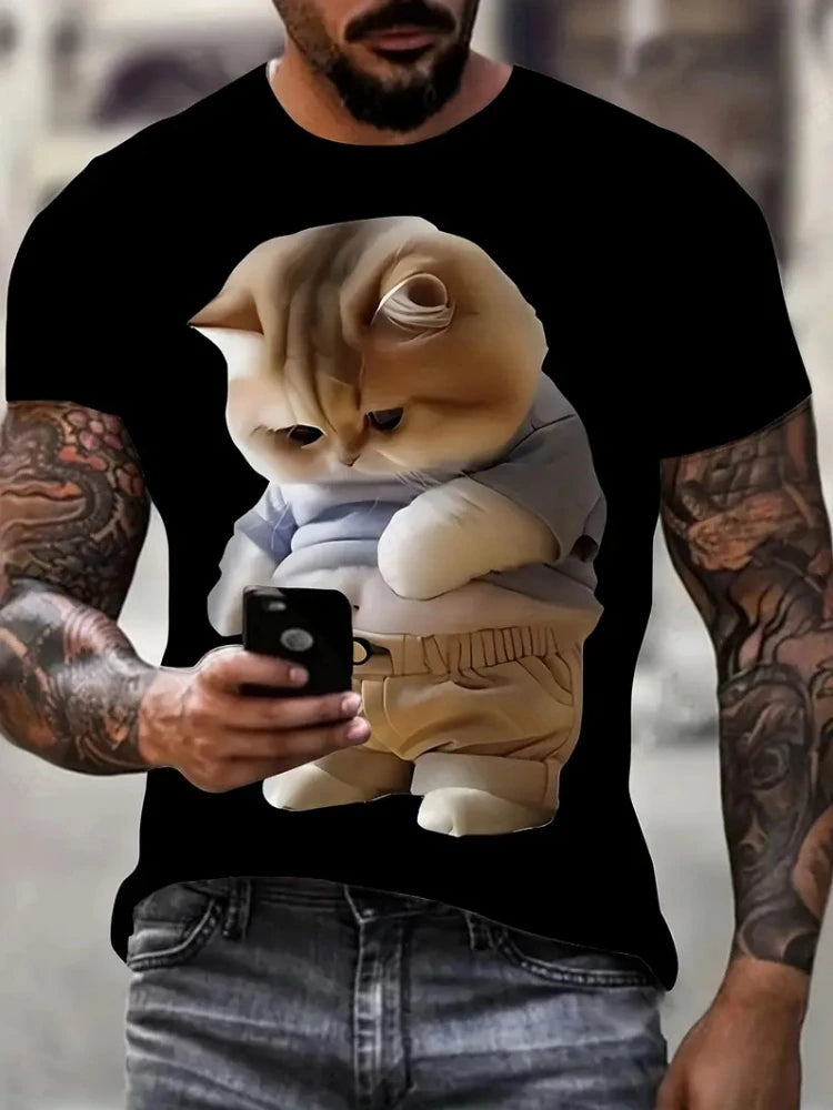 Cute Fat Cat Men's T Shirt Animal 3D Print Casual Short Sleeve Funny T Shirts Fashion Streetwear Round Neck Oversized Clothing