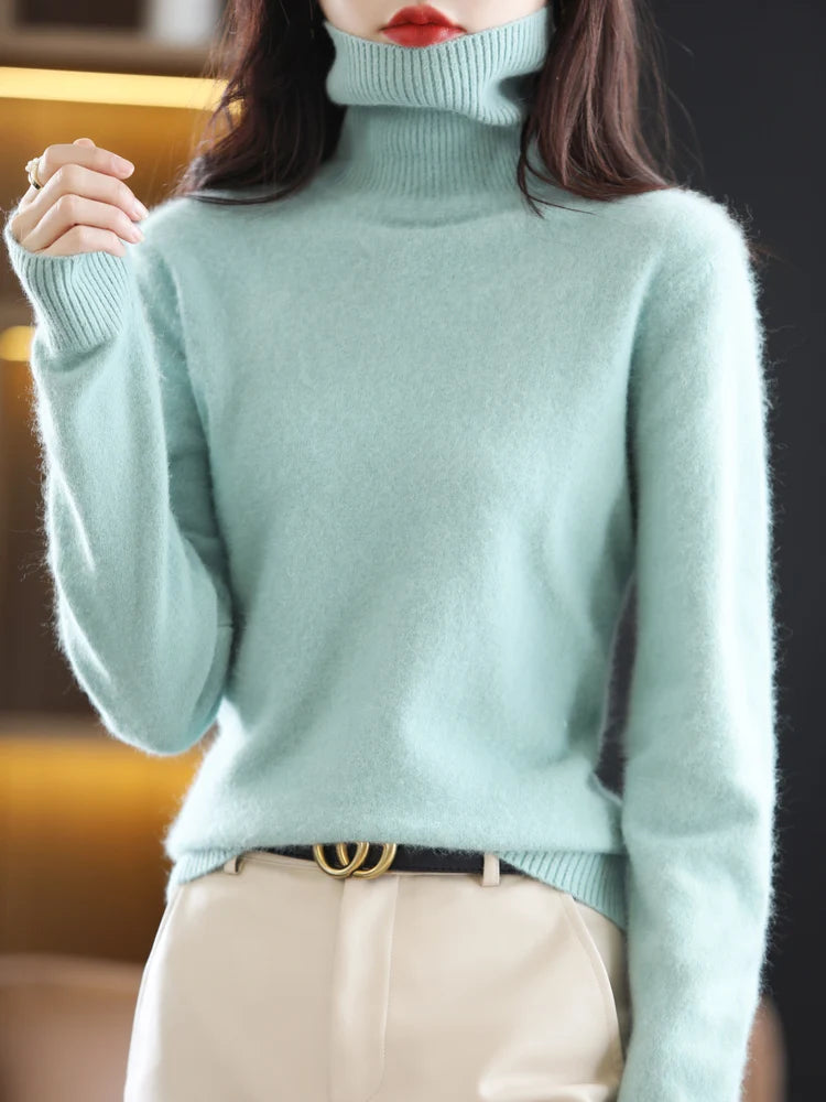 100% Mink Cashmere Turtleneck Sweater Women Solid Color Long Sleeve Top Autumn Winter Fashion Knit Female Warm Pullover Jumper