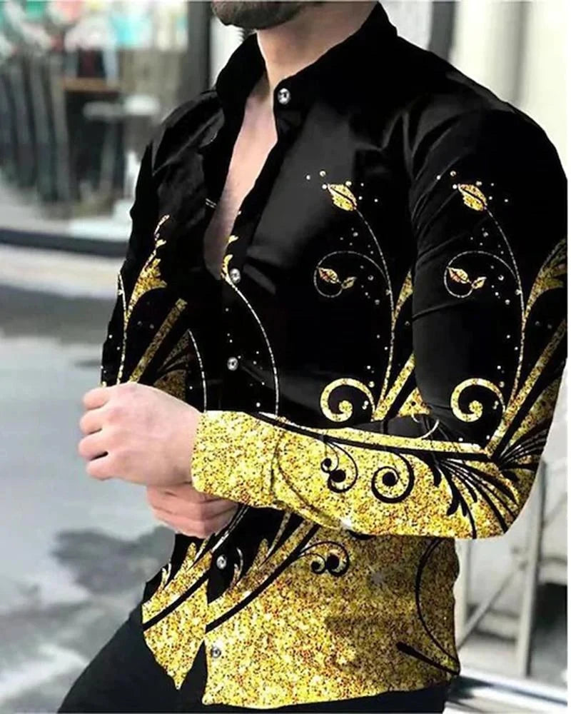 Fashion Men's Designer Starry Sky Purple Blue Gold Luxury Social Men's Shirt Lapel Large Size Casual Dot Print Long Sleeve Top