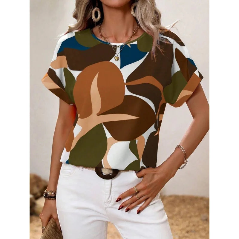 Geometry Pattern T Shirt For Women Colorful Color Blocks 3D Printed Short Sleeves Tees Summer Casual Loose T-Shirts O-Neck Tops