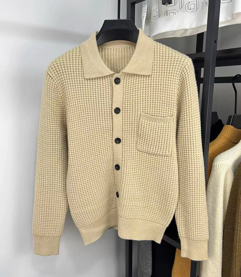 High-end Waffle Knitted Cardigan 2023 Autumn/Winter New Fashion Men's Polo Collar Korean Knitted Sweater Casual Solid Coat