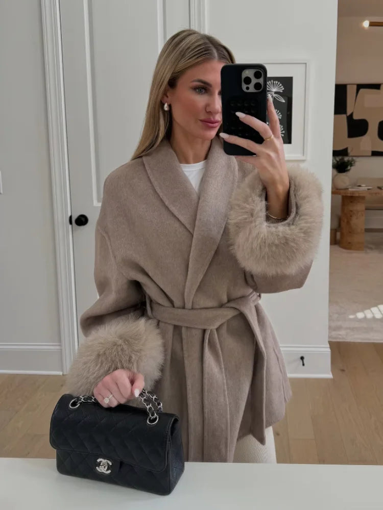 Blue Lace Up Plush Fur Sleeve Jacket Women Elegant Medium Length V-neck Woolen Coat New Autumn Casual Fashion Commuter Outwear