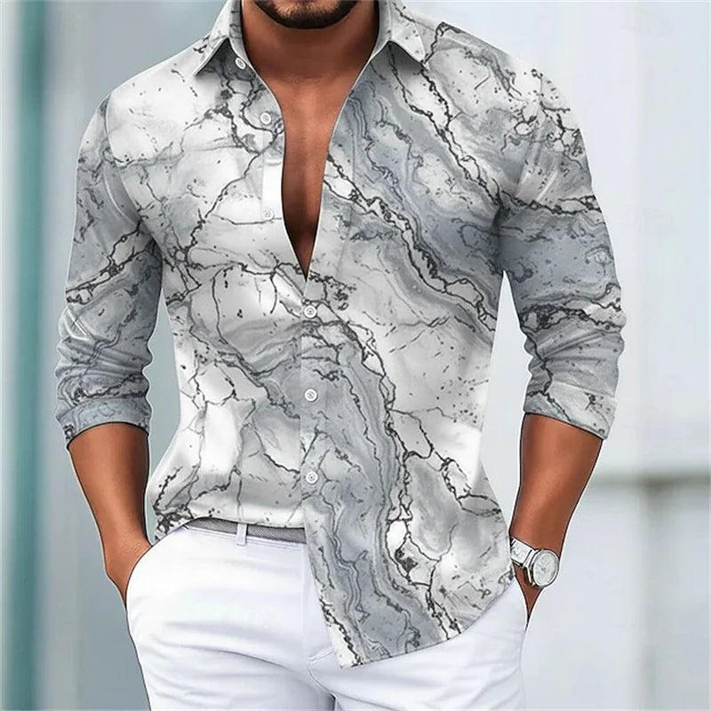 Men's blue and gold marble print long-sleeved shirt. Fashionable casual design, slim fit for banquets and business suits. XS-6XL