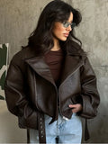 Lady Retro Lapel Leather Bomber Jacket Fashion Full Sleeve Zipper Pocket Lace Up Belt Short Coat 2025 Autumn High Street Wear