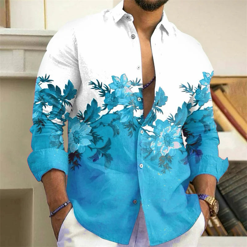 Men's Shirt 3D Floral Print Lapel Long Sleeve Men's Tops Vintage 2025 Street Trend Outdoor Fashion Dress Designer XS-6XL