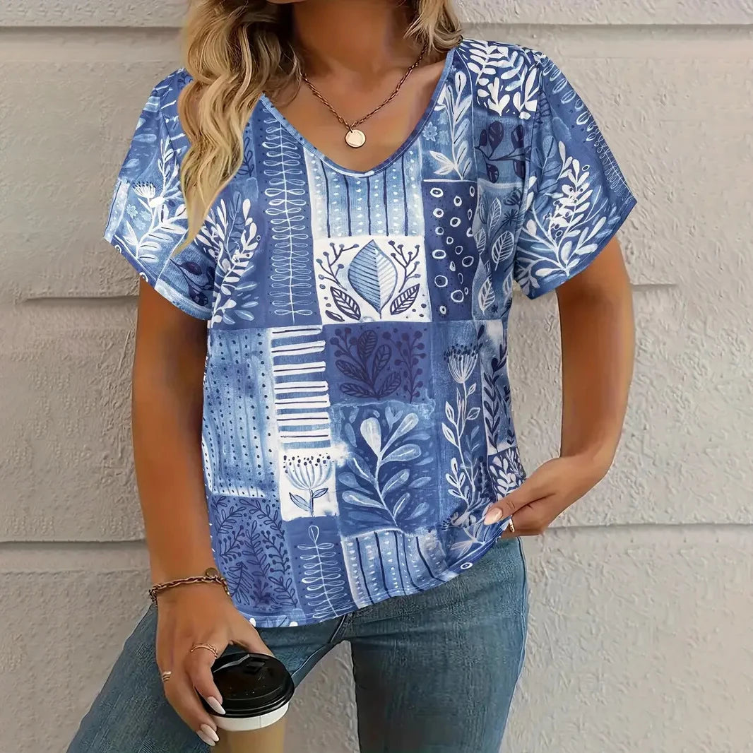 Women's T-shirt Summer V-neck Short Sleeve Tops Graphic Print Outdoor T-shirt Female Casual Oversized Clothing Streetshirts