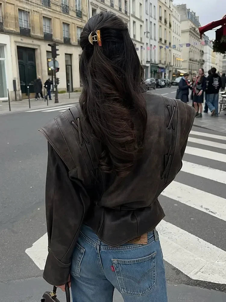 Vintage Women V-neck Belt Faux Leather Jackets Chic Full Sleeve Lace Up High Waist Lapel Overcoat Autumn Female Street Outerwear