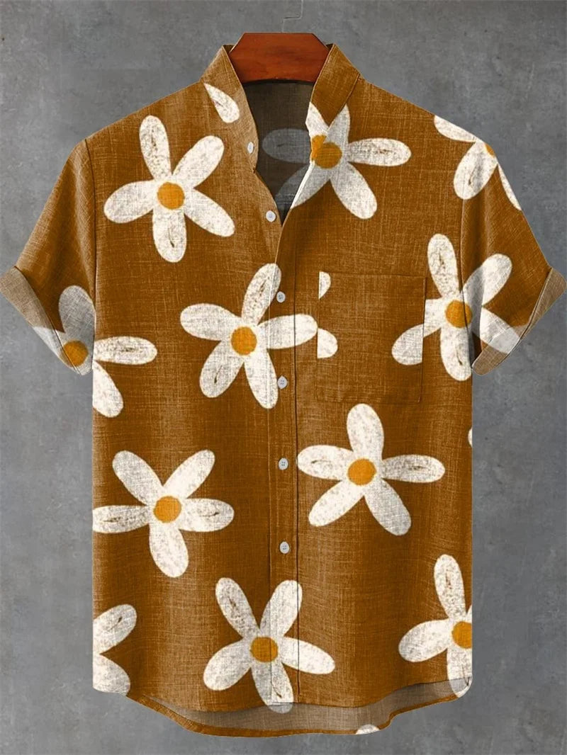 New Vintage Men's Linen Short Sleeve Shirt Casual Fashion Men's Street 3D Flower Printed Shirt Casual Shirt