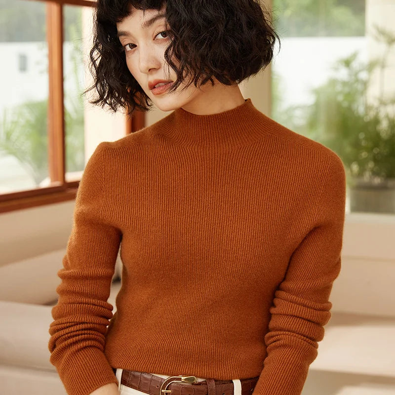 Autumn and Winter New Women's 100% Pure Cashmere Semi High Neck Pullover Sweater Knitted Slim Fit Hot Selling Women's Top