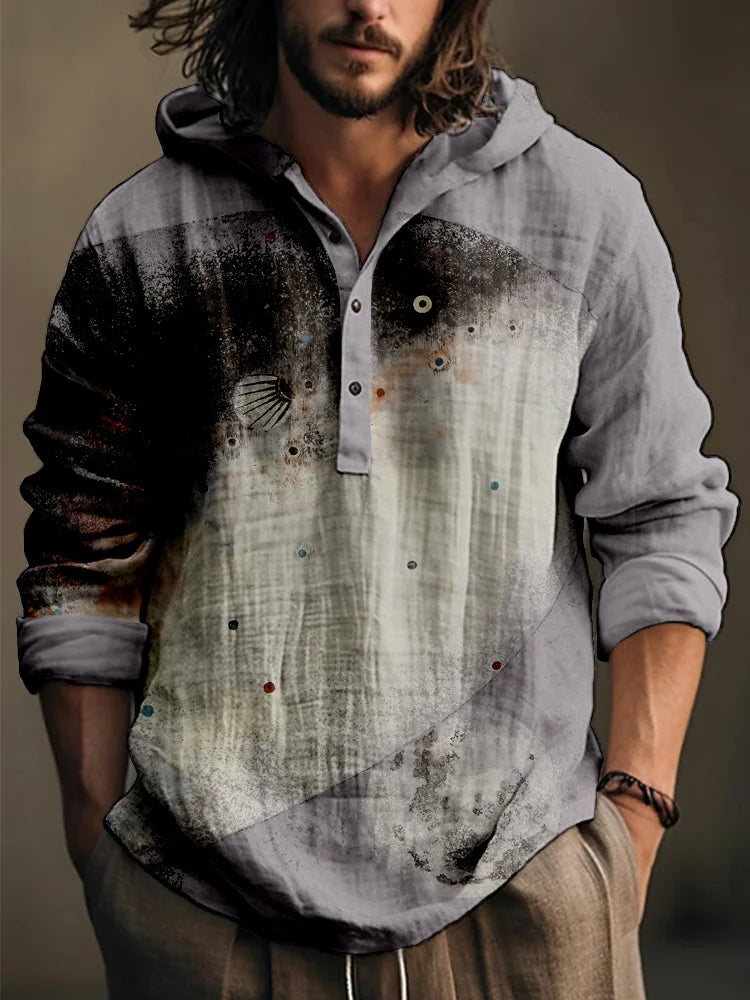Spring and Autumn Men's Shirt Linen Fashion Casual Bamboo Hawaiian Style Printed Shirt Men's Top Long Sleeve Hooded Pullover