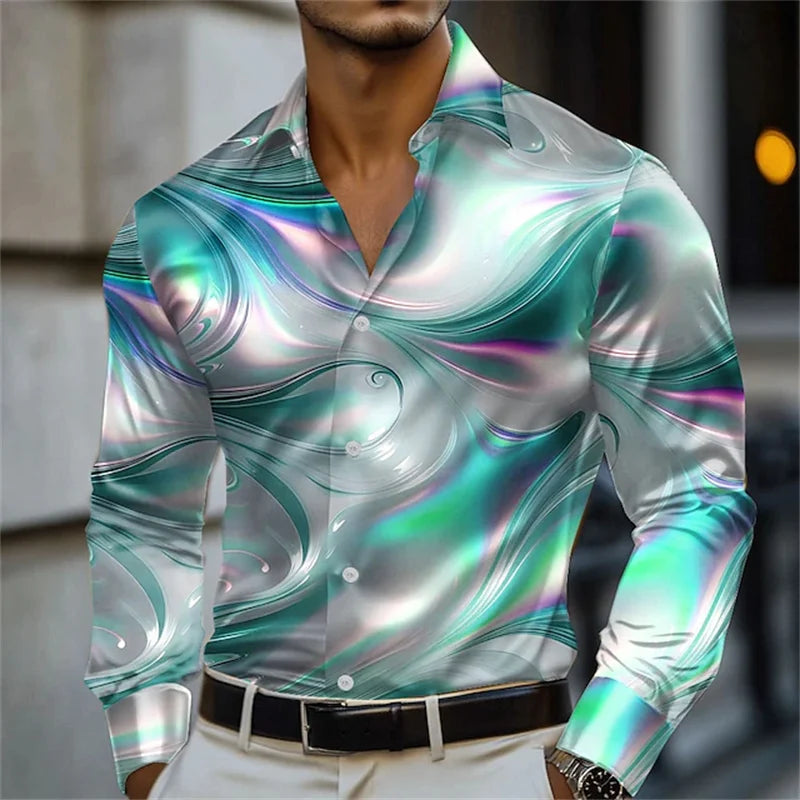 Men's blue and gold marble print long-sleeved shirt. Fashionable casual design, slim fit for banquets and business suits. XS-6XL