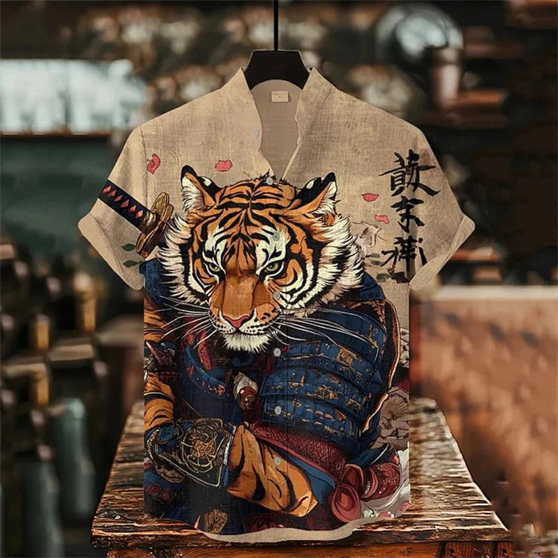 Cartoon Cat Short Sleeve Shirt Vintage Art Fish Print Men's Summer Shirt Casual Holiday Street Clothing New Collection