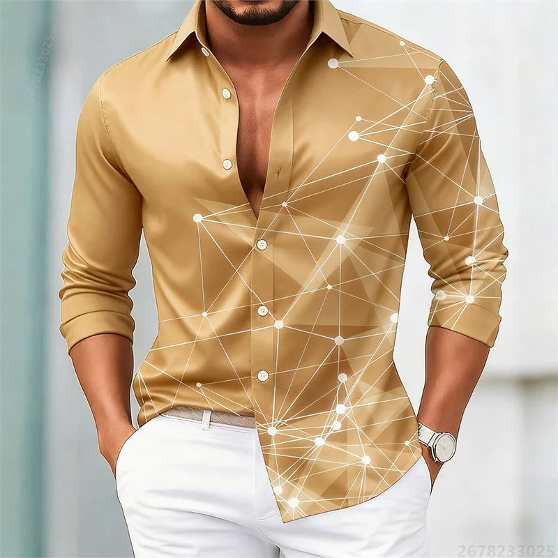Men's trendy geometric line print long-sleeved shirt. Fashionable slim black technology-style shirt. Popular men's shirt.