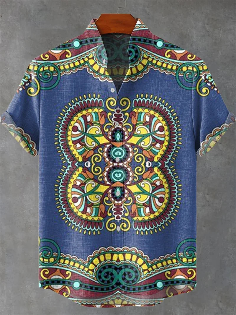 Men's Vintage Art Shirt Vintage Abstract 3D Geometric Print Short Sleeve Linen Casual Shirt Holiday Clothing