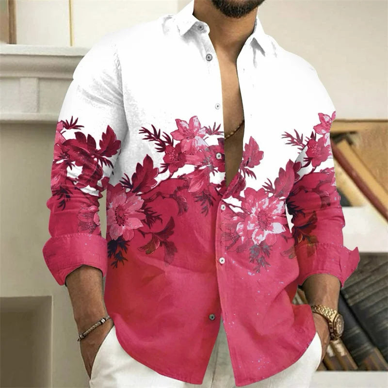 Men's Shirt 3D Floral Print Lapel Long Sleeve Men's Tops Vintage 2025 Street Trend Outdoor Fashion Dress Designer XS-6XL