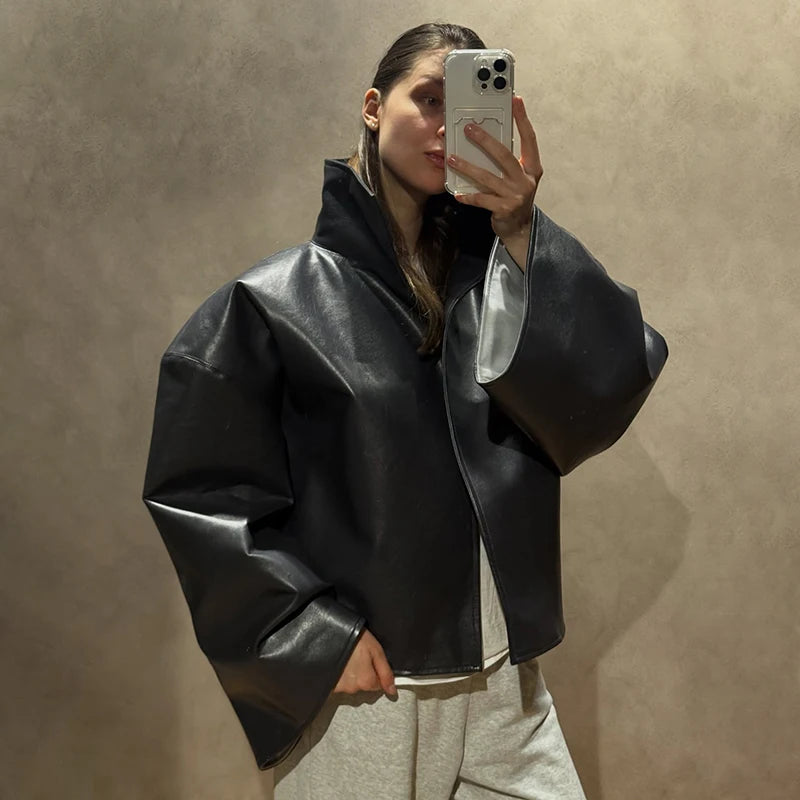 Urban Solid Pu Leather Women Jacket Street Stand Collar Long Sleeve Female Outwear 2026 Autumn Winter Fashion Lady Streetwear