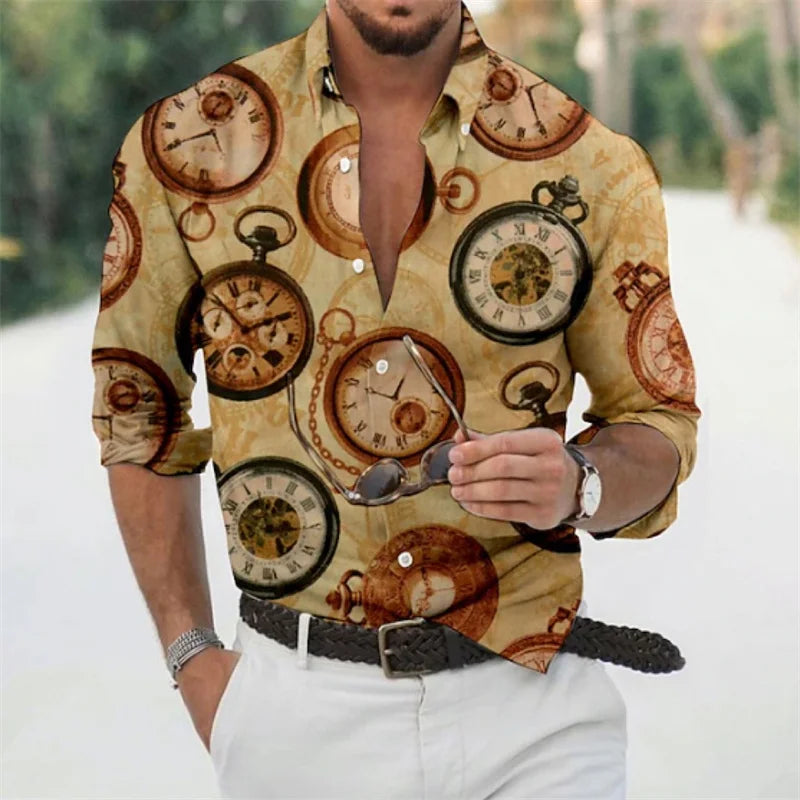 Men's shirts 3D printed shirts for daily outings, lapels for fashionable long sleeved clothing, fashion designers for leisure