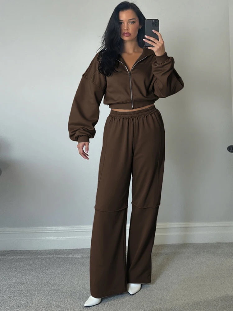 Weird Puss Casual Tracksuit Women 2 Piece Set Panelled Stripes Sporty Simple Hipster Hooded Zip Jacket+Wide Pants Matching Suits