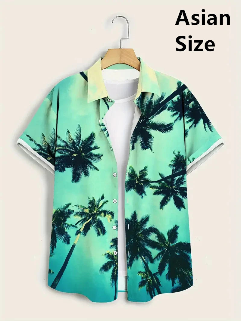 Tropical Coconut Tree Pattern Men's Short Sleeve Button Down Lapel Shirt For Summer Resort Holiday Hawaiian Style Oversized Tops