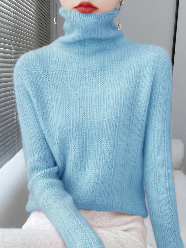100% Wool Cashmere Sweater Women Turtleneck Long Sleeve Tops Knitted Pullovers Autumn Winter Casual Loose Clothing Warm Jumper