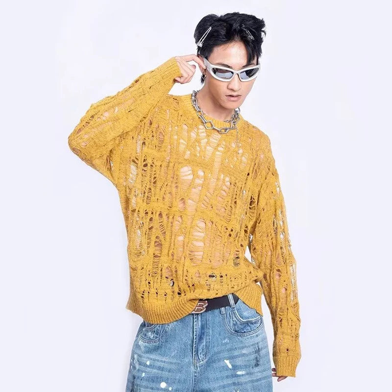 Vintage Ripped Hollow Out Mesh Knit Sweater Men Autumn Streetwear Fashion Crew Neck Long Sleeve Knitted T Shirt Men’s Clothing
