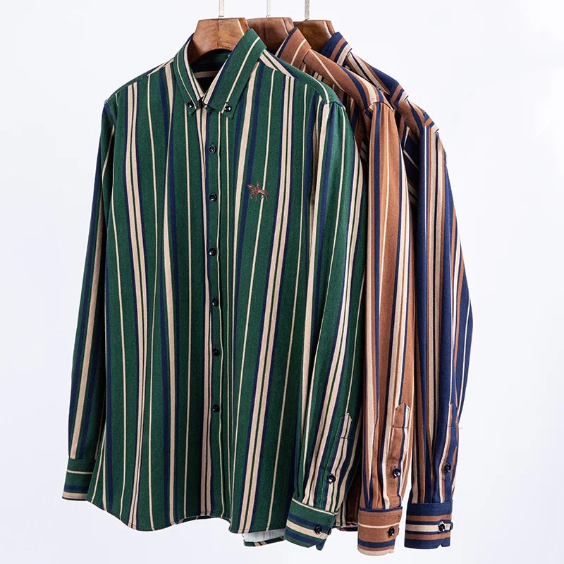 2024 new autumn men's long-sleeved plaid striped100% cotton Oxford spinning chest embroidery regular fit button work shirt S~6XL