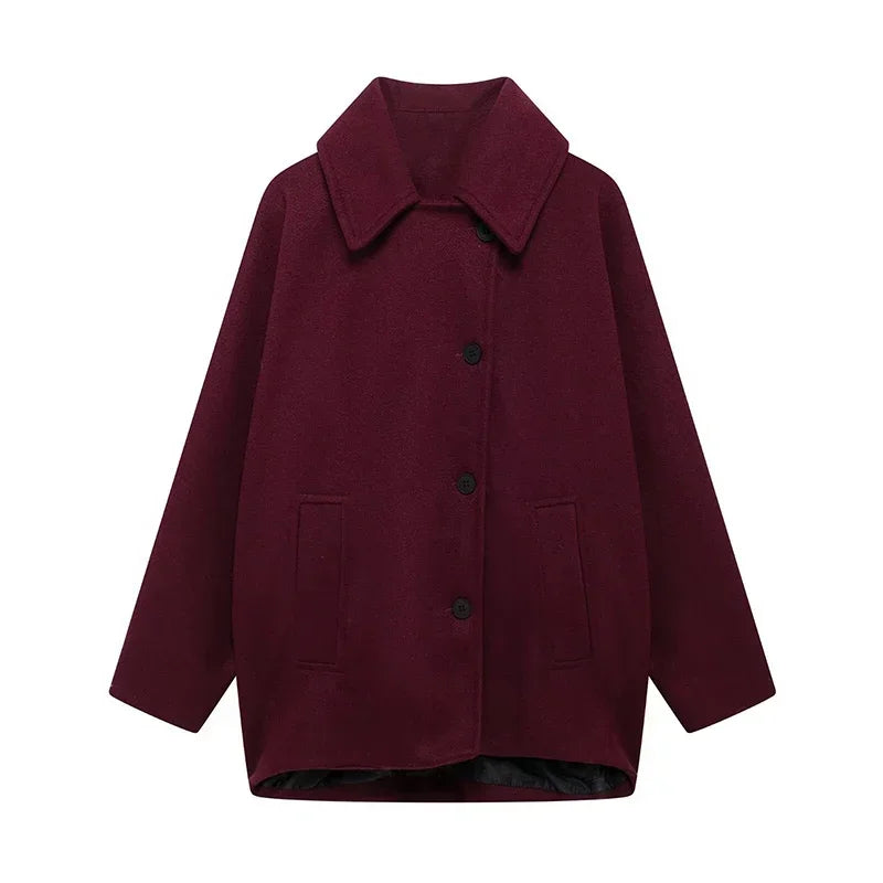 Elegant Woolen Lapel Coat Loose Solid Long Sleeve Single Breasted Pocket Female Jackets 2025 Autumn Fashion Street Lady Outwear