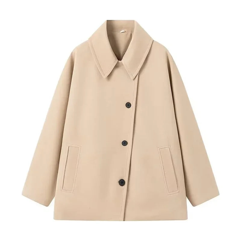Elegant Woolen Lapel Coat Loose Solid Long Sleeve Single Breasted Pocket Female Jackets 2025 Autumn Fashion Street Lady Outwear
