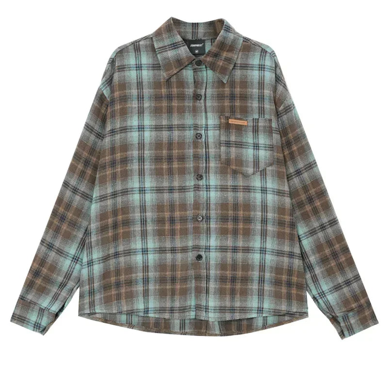 Spring Long Sleeve Plaid Shirt For Men 2025 New Y2K Vintage Streetwear Baggy Lapel Pocket Tee Shirts Korean Fashion Blouse