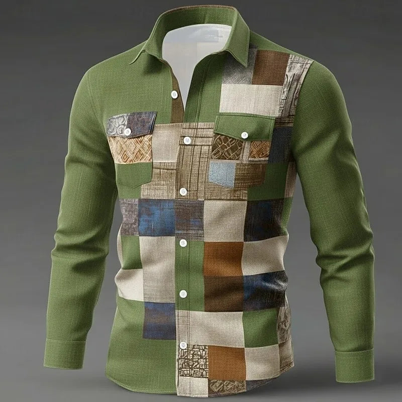 New men's long sleeved shirt, casual and fashionable checkered shirt, lapel single breasted long sleeved men's clothing