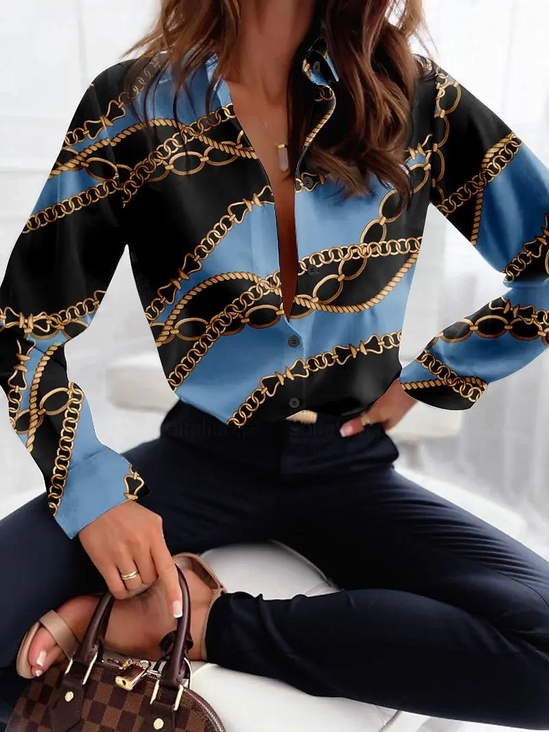 Women's 3D Chain Stitching Printed Polyester Long Sleeve Shirt Spring and Autumn Fashion Casual Daily Wear Lapel 3D Shirt
