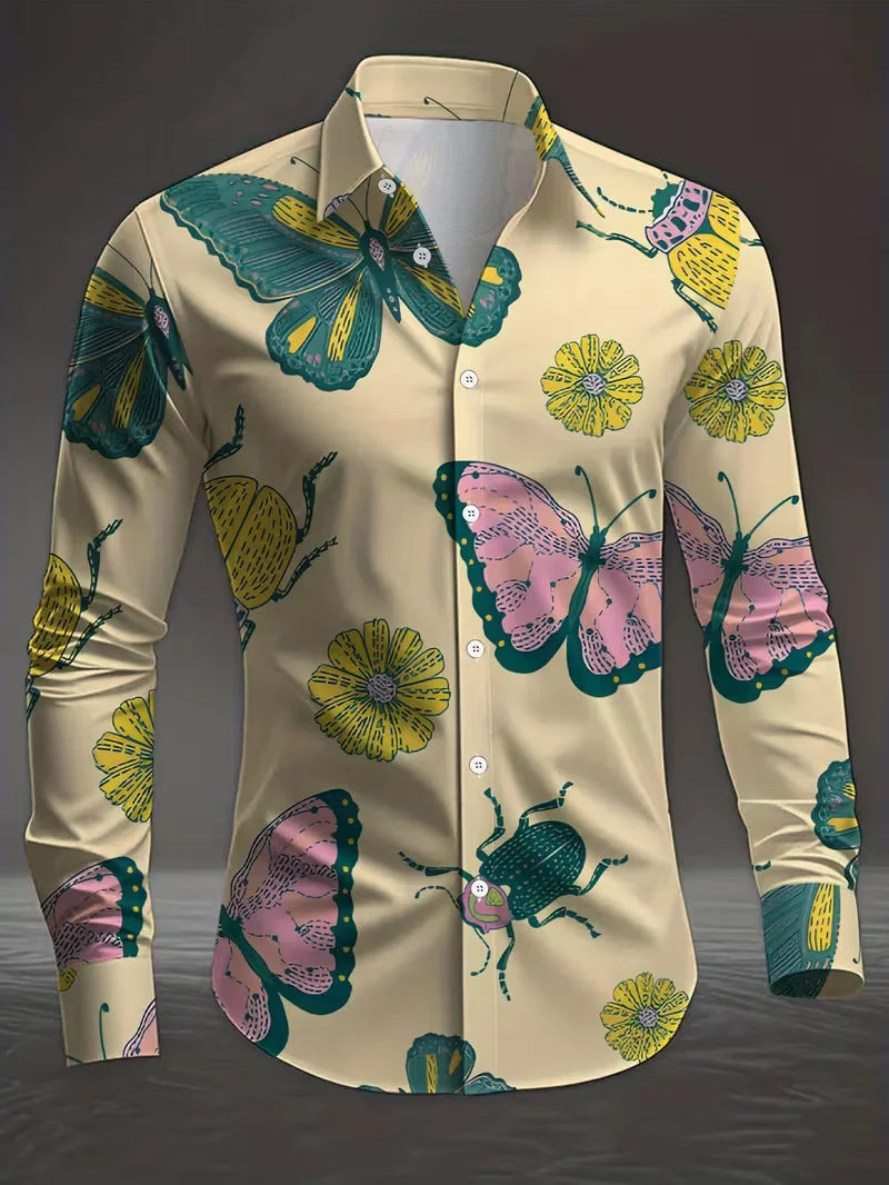 New retro square casual shirt men's abstract printed shirt long sleeved fashionable street shirt design clothing