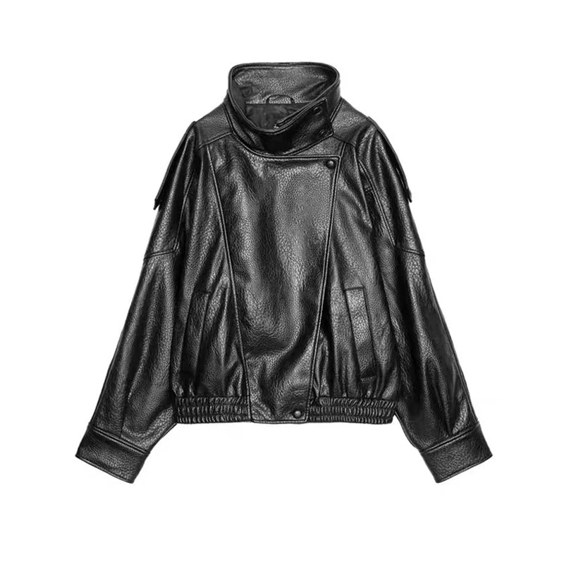 Street PU Leather Bomber Jacket Women Zipper Stand Collar Pocket Loose Vintage Full Sleeve Coat Female 2025 Autumn Lady Outwear