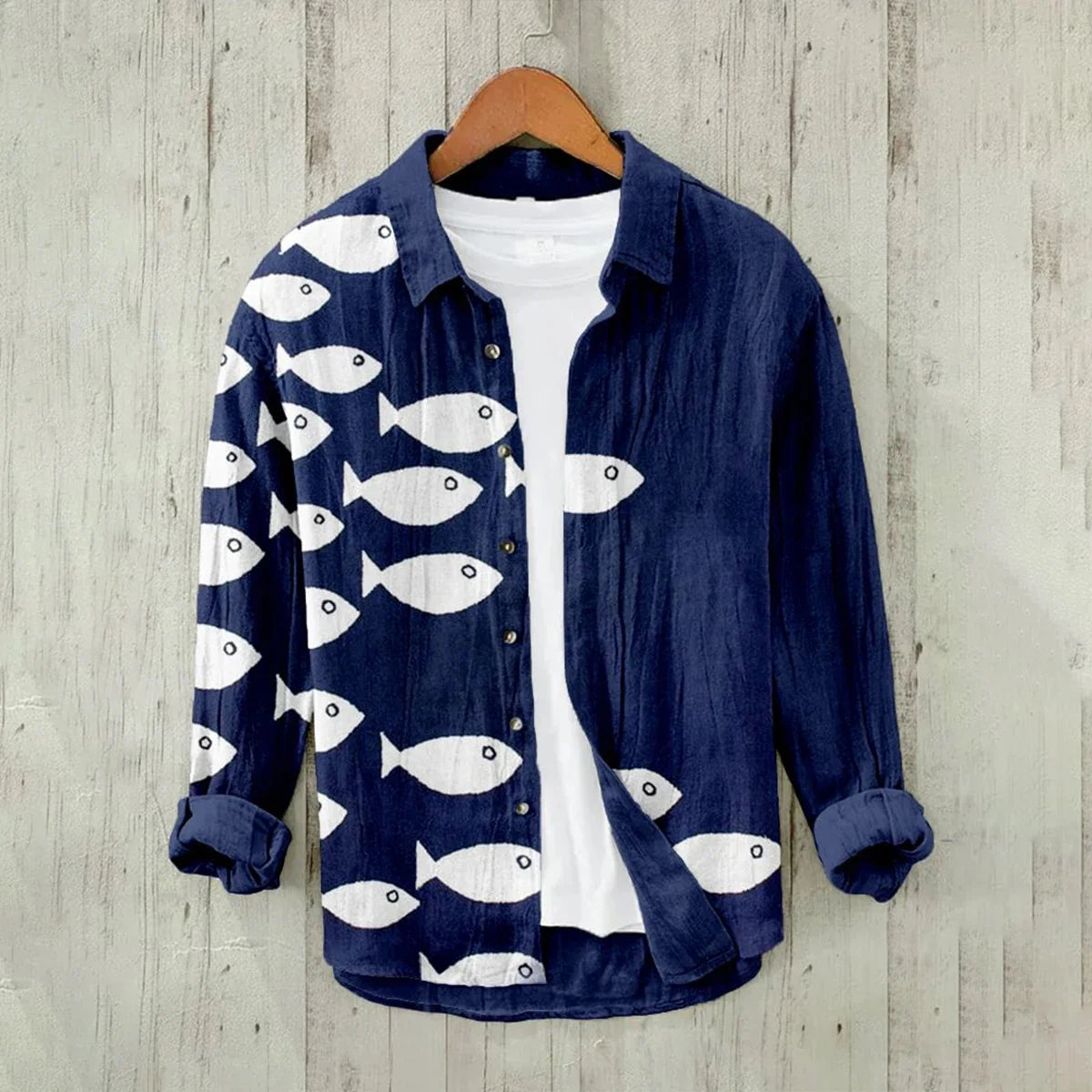 Men's Long-sleeved Linen Shirt Casual And Comfortable Printed Sea Octopus Turtle Series Pattern Hawaiian Comfortable Large Size