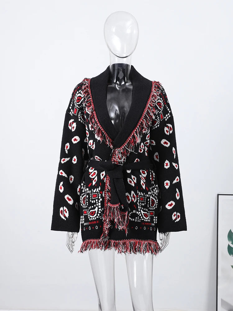 Knitted Print Lace-up Cardigan Coat Women's Elegant V-neck Tassels Full Sleeve Belted Sweaters 2026 Autumn New Ladies Outwear