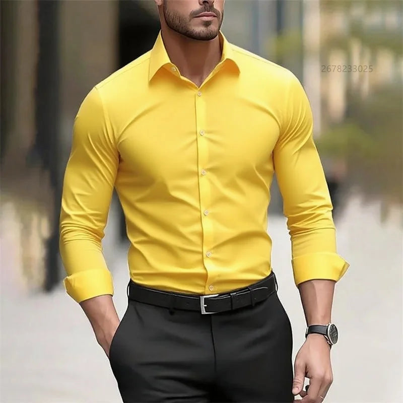 Solid Color Men's Shirt Casual White Shirt, High Quality Solid Color Long Sleeve Stretch Fabric, Business Formal Shirt, XS-6XL