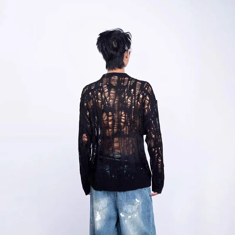 Vintage Ripped Hollow Out Mesh Knit Sweater Men Autumn Streetwear Fashion Crew Neck Long Sleeve Knitted T Shirt Men’s Clothing