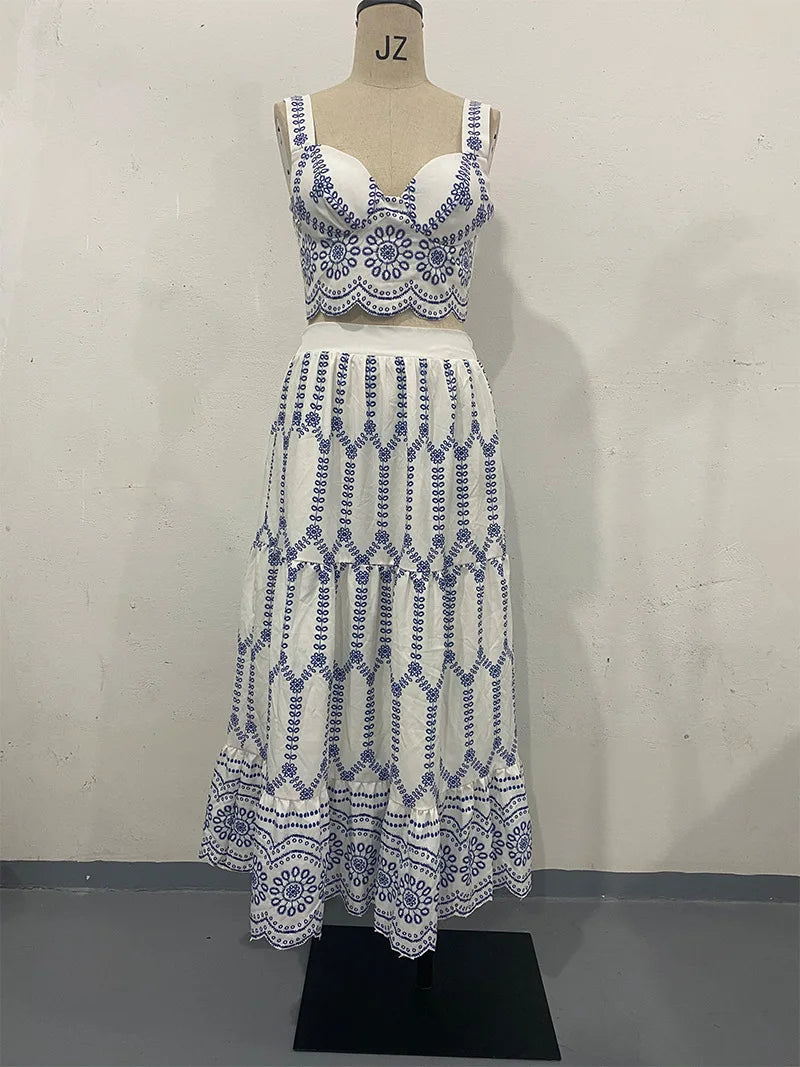 Matching Sets Two Pieces Dress Sets Loose Fit Printing Skirts Ankle Length Sexy Vest Pullover 2024 High Street Slight Strech