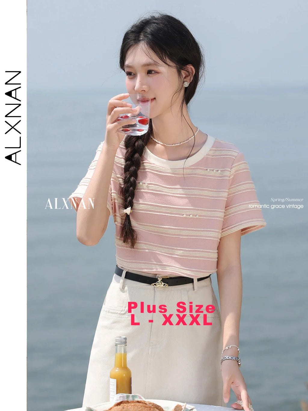 ALXNAN Plus Size Women's Pink Striped T-shirt Elegant Sweet Loose-fit Cotton T-shirt Round Neck Short Sleeve Tops L55319 D10639